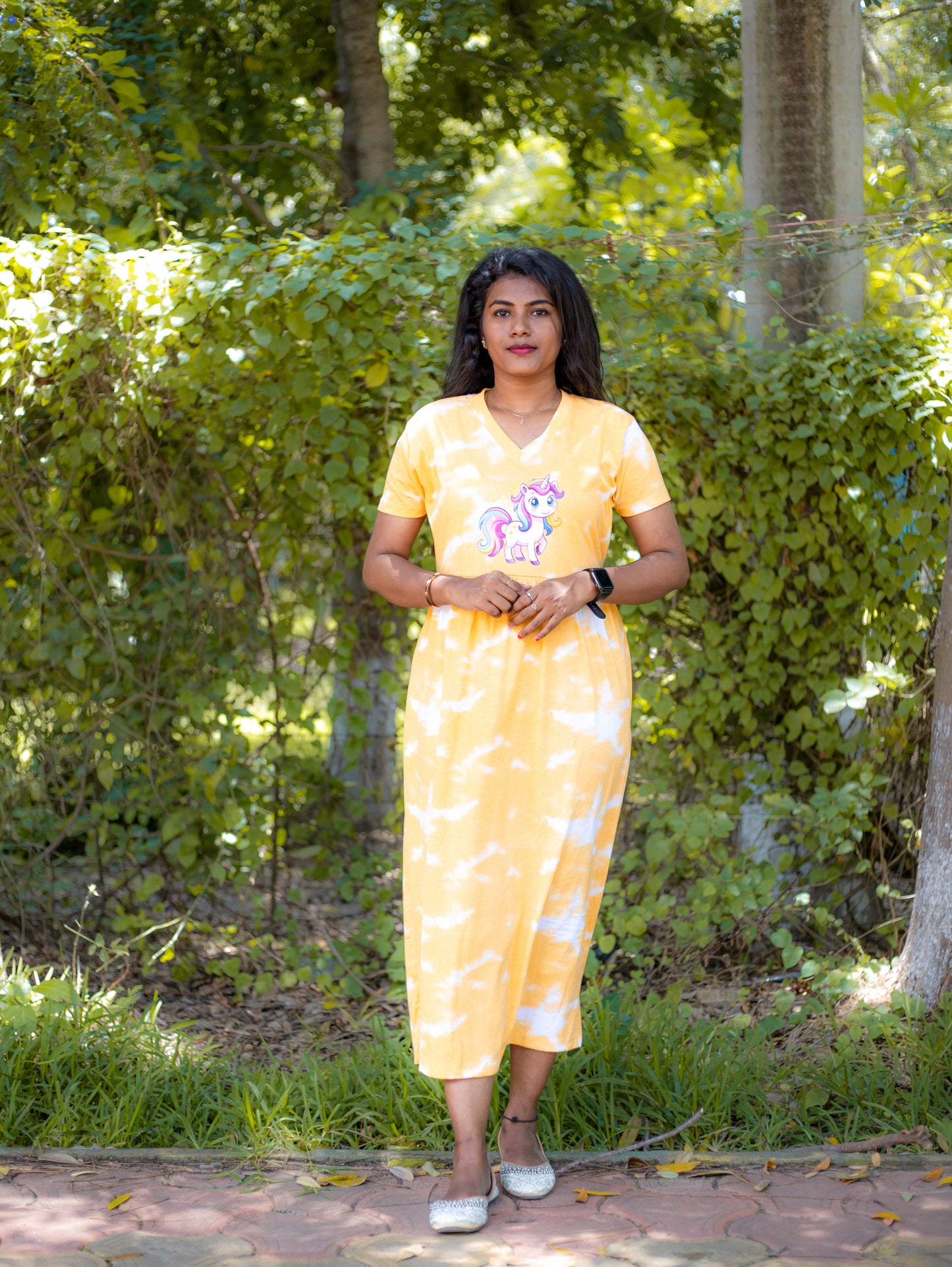 Non Feeding Yellow Tie-Dye Unicorn Print Nightdress| Short Sleeves | Comfortable Casual Outfit