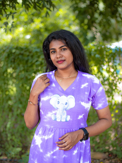 Non Feeding Tie-Dye Elephant Print Nightdress| Short Sleeves | Comfortable Casual Outfit