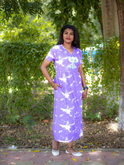 Non Feeding Tie-Dye Elephant Print Nightdress| Short Sleeves | Comfortable Casual Outfit