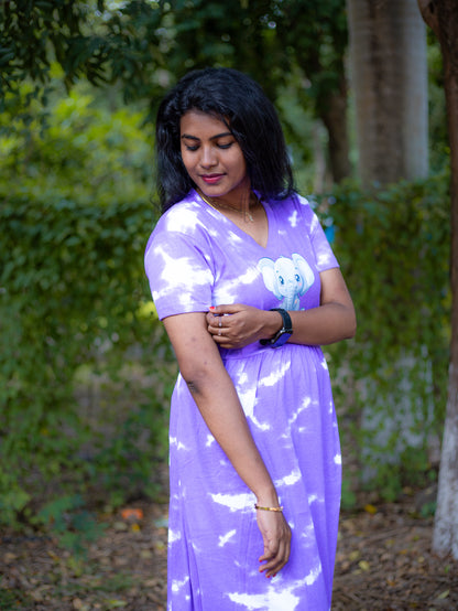 Non Feeding Tie-Dye Elephant Print Nightdress| Short Sleeves | Comfortable Casual Outfit