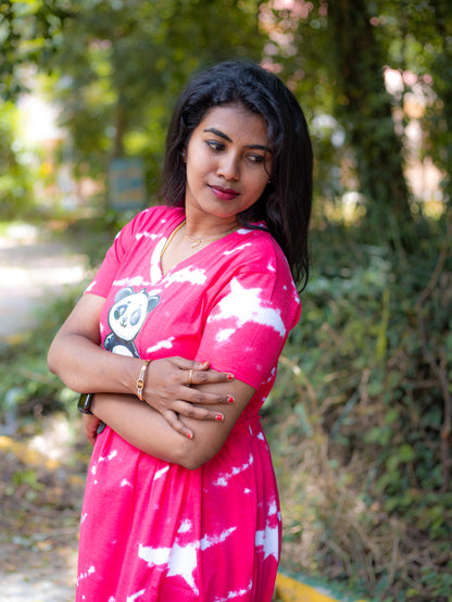 Non Feeding Pink Tie-Dye Daily Wear Casual Midi Dress| Short Sleeves | Comfortable Casual Outfit
