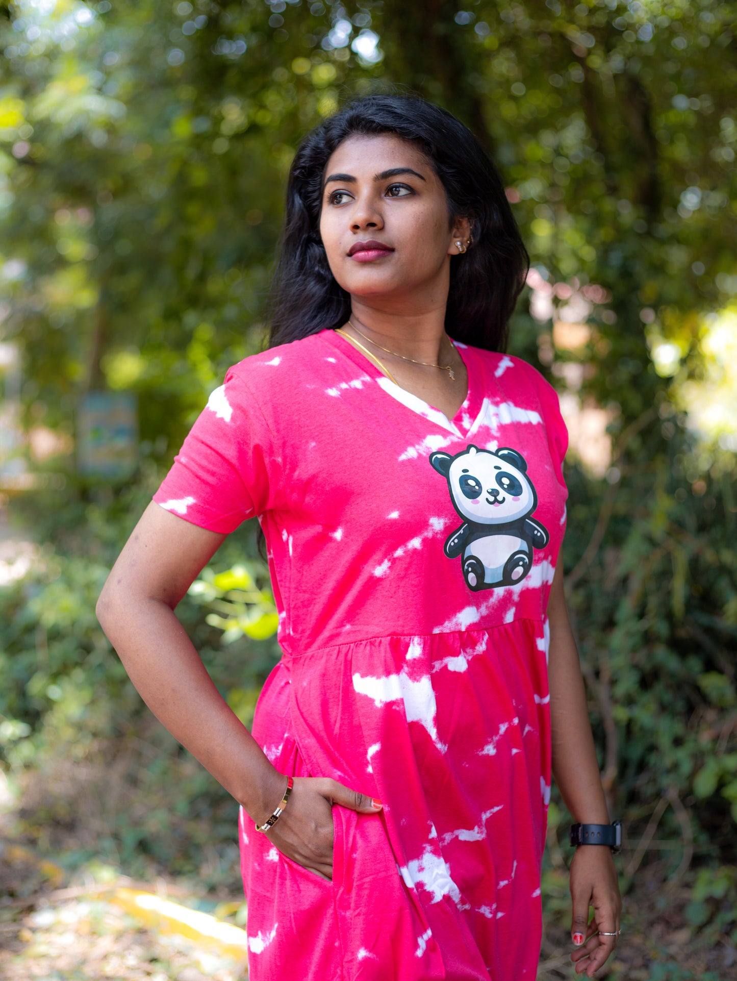 Non Feeding Pink Tie-Dye Daily Wear Casual Midi Dress| Short Sleeves | Comfortable Casual Outfit