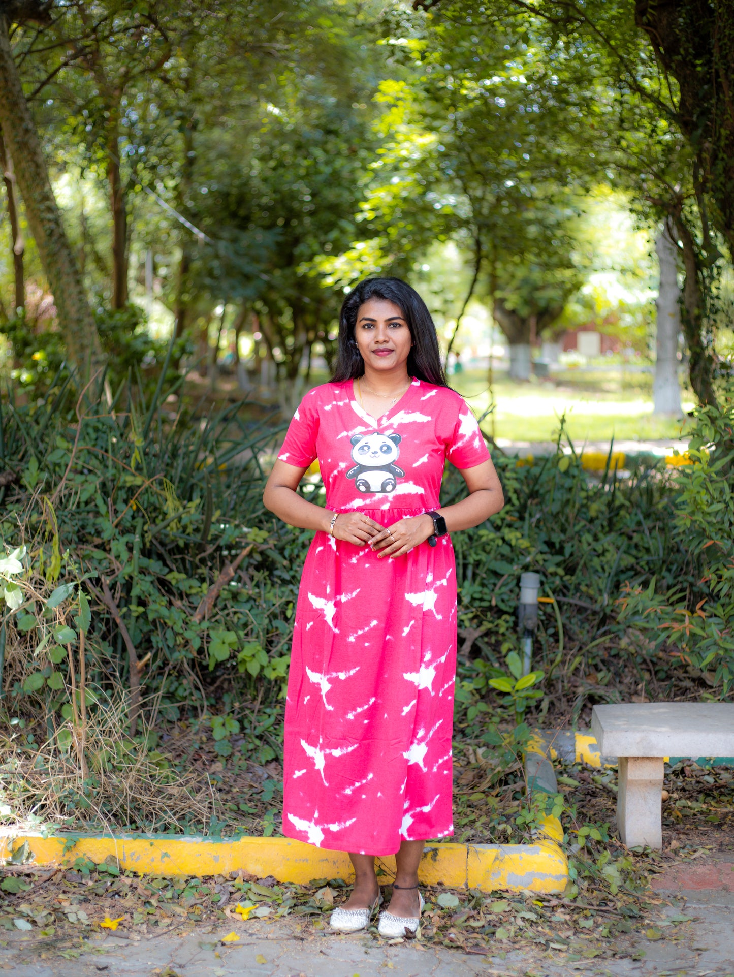 Non Feeding Pink Tie-Dye Daily Wear Casual Midi Dress| Short Sleeves | Comfortable Casual Outfit