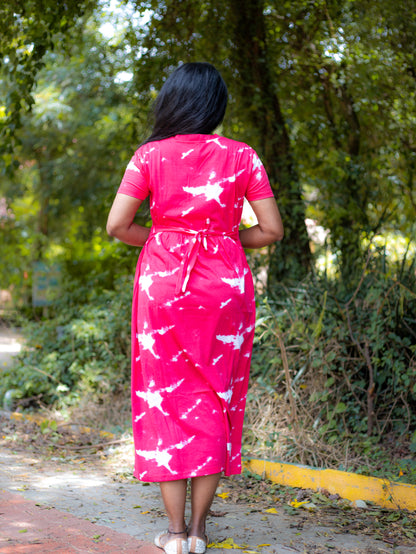 Non Feeding Pink Tie-Dye Daily Wear Casual Midi Dress| Short Sleeves | Comfortable Casual Outfit