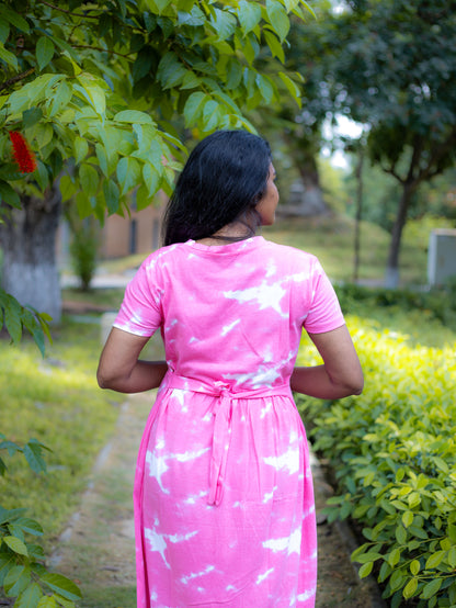 Non Feeding Pink Tie-Dye Daily Wear Casual Midi Dress| Short Sleeves | Comfortable Casual Outfit (Copy)