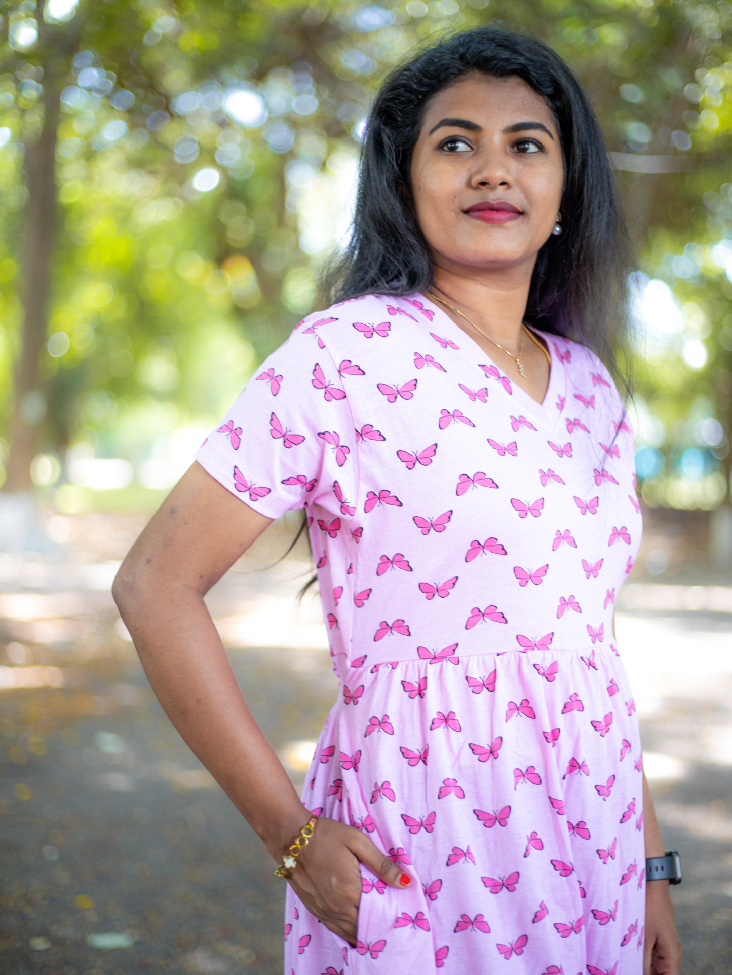 Non Feeding pink with butterfly Daily Wear Casual Midi Dress| Short Sleeves | Comfortable Casual Outfit