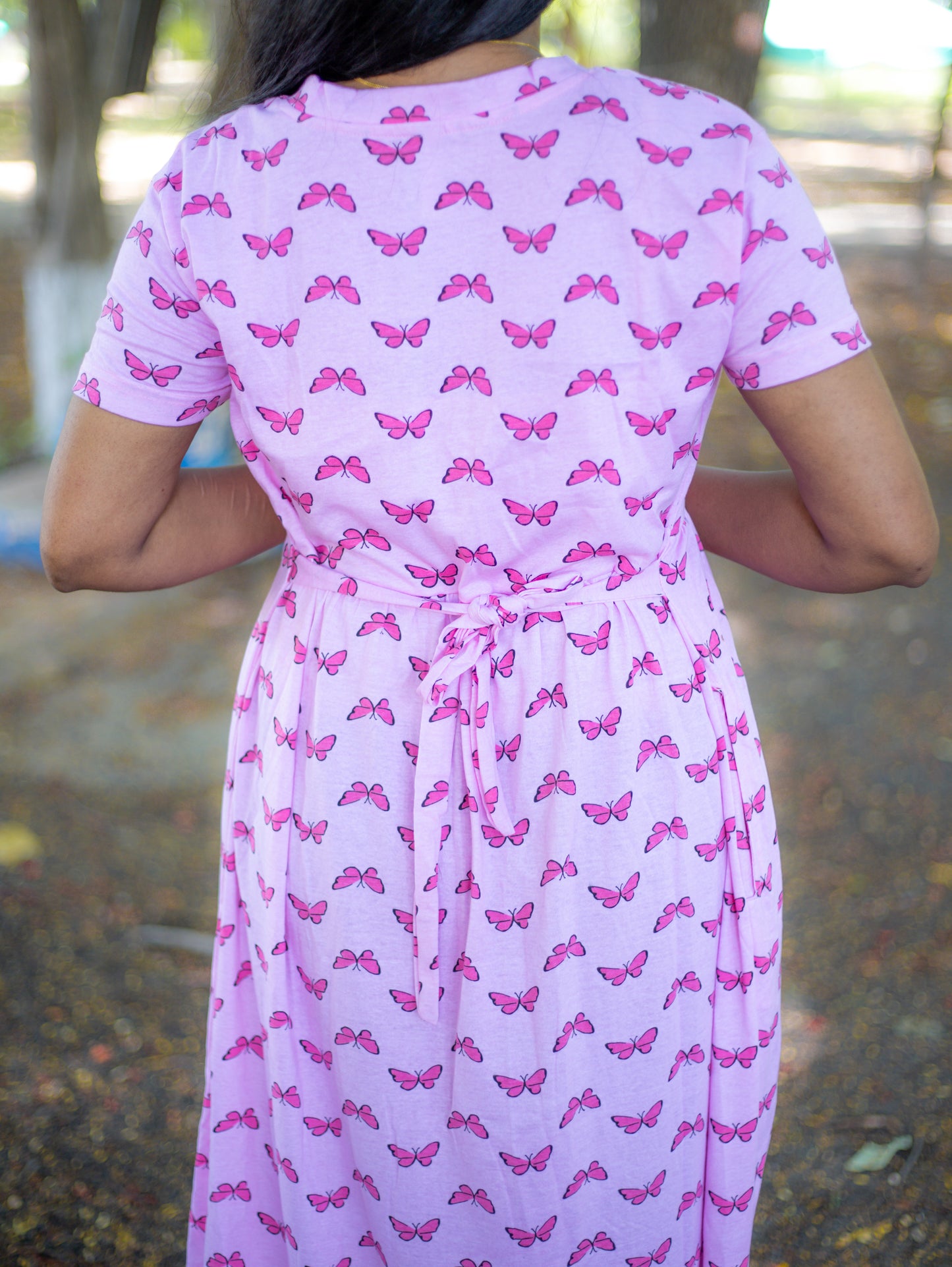 Non Feeding pink with butterfly Daily Wear Casual Midi Dress| Short Sleeves | Comfortable Casual Outfit