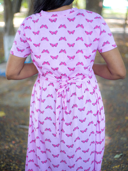 Non Feeding pink with butterfly Daily Wear Casual Midi Dress| Short Sleeves | Comfortable Casual Outfit
