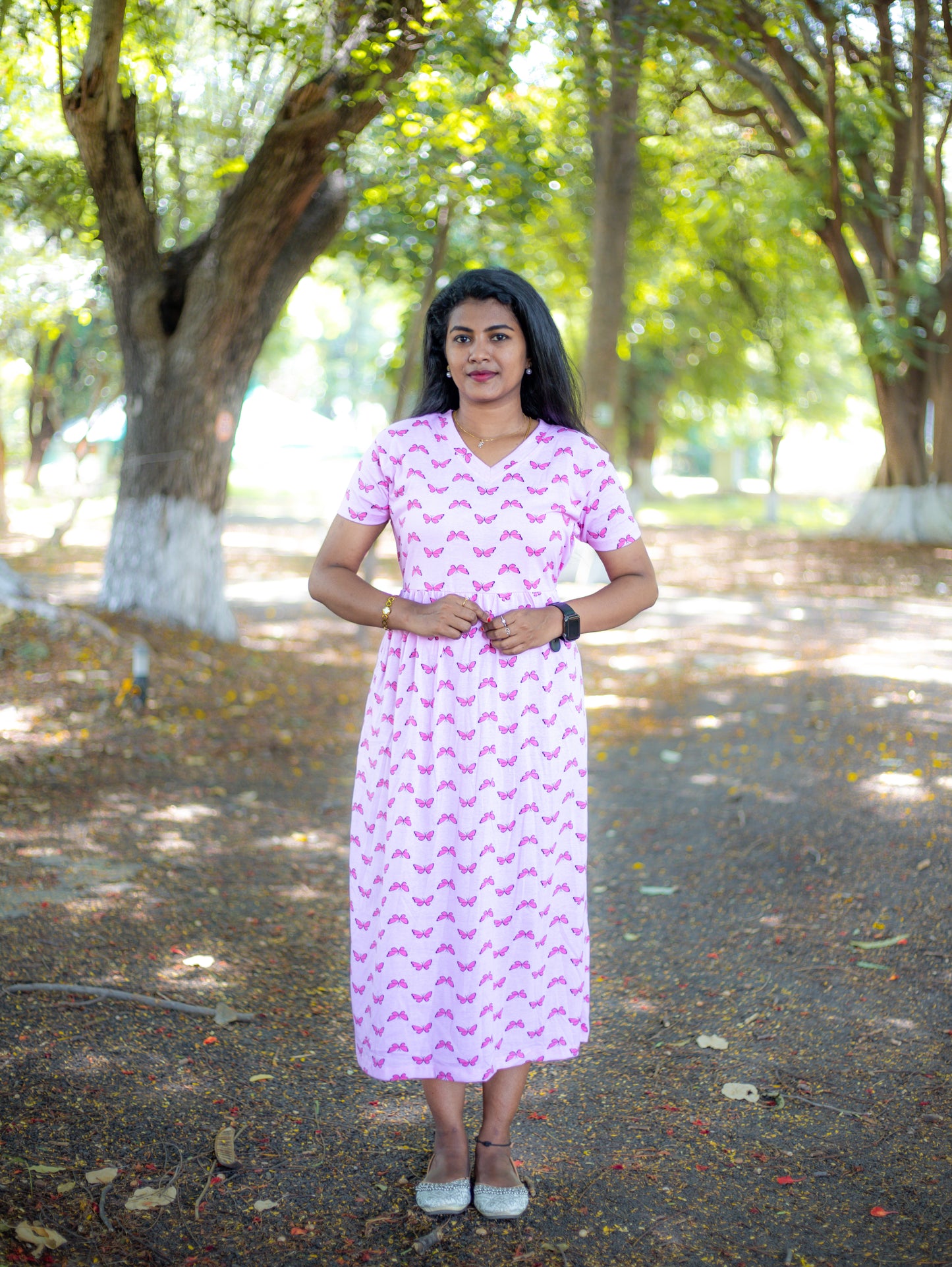 Non Feeding pink with butterfly Daily Wear Casual Midi Dress| Short Sleeves | Comfortable Casual Outfit