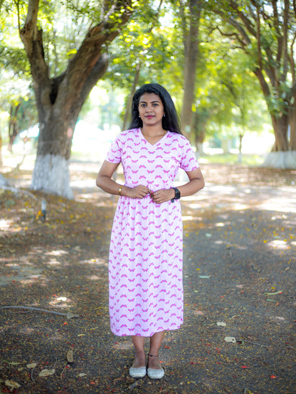 Non Feeding pink with butterfly Daily Wear Casual Midi Dress| Short Sleeves | Comfortable Casual Outfit